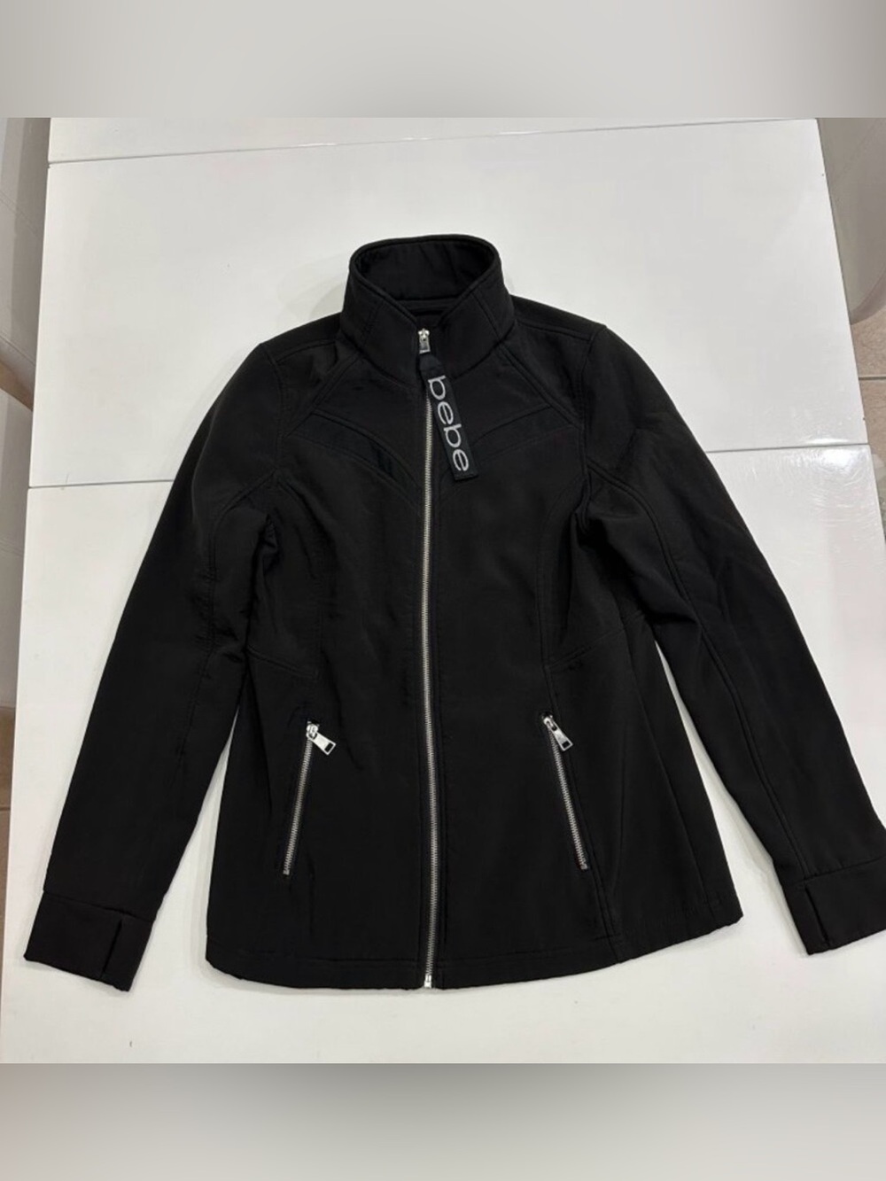 Bebe Sport Black Full Zip Softshell Track Jacket Logo Ribbon Pull Medium